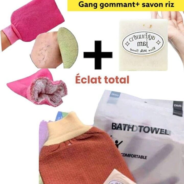 Image of exfoliating glove + rice soap