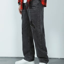 Image du produit Jean Ample Homme en Denim Noir Délavé et Déchiré