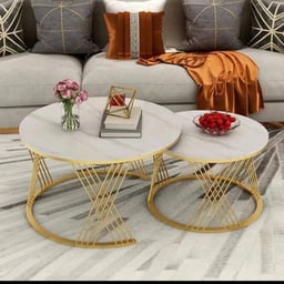 Image du produit Ensemble de Deux Tables Basses Gigognes Rondes Modernes avec Plateau en Marbre et Base en Métal Doré