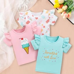 Image du produit Hauts à Manches Volantes pour Filles - Lot de 3 (Imprimé, Rose, Bleu)