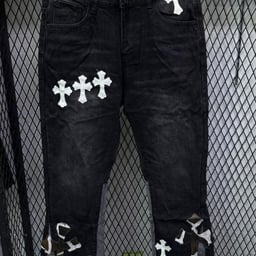 Product image for Men's Distressed Patchwork Denim Jeans with Chrome Hearts Style Appliques