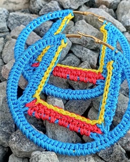 Image du produit Boucles d'Oreilles Créoles Crochetées à la Main - Bleu, Jaune et Rouge