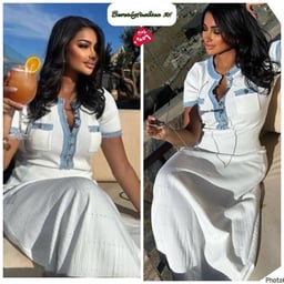 Product image for Chic White Knit Midi Dress with Denim Trim