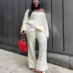 Image du produit Ensemble Femme Pull Épaules Dénudées et Pantalon Large en Tricot Côtelé